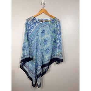 Chicos L XL Blue White Geometric Print Sheer Poncho Top Kimono Style